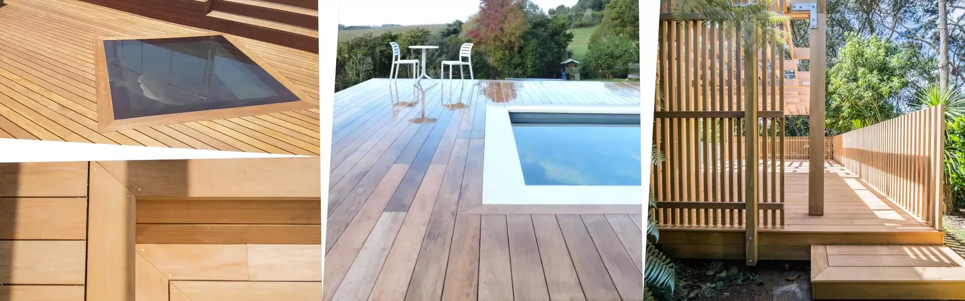 A collage of TeamGreen timber decks, pool surrounds and fencing projects around Auckland